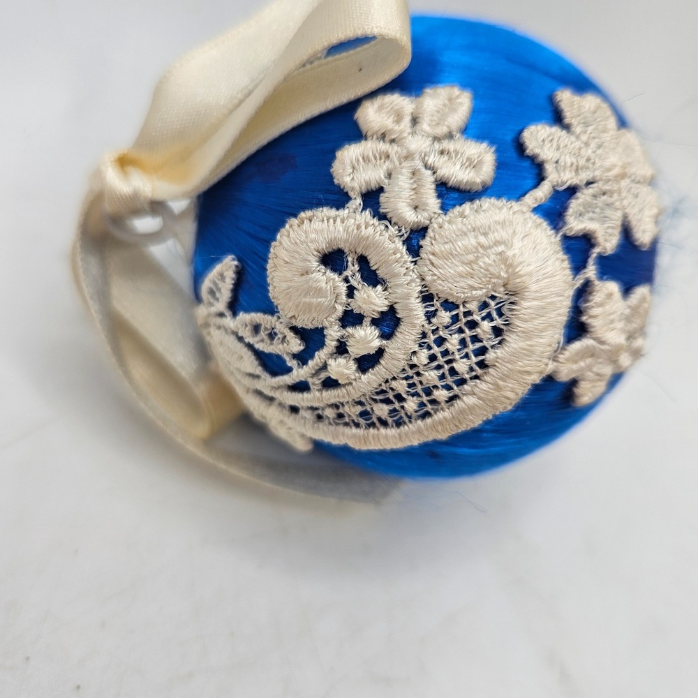 Vintage Style Blue Satin Thread Ball Ornament Lace Ribbon Handmade